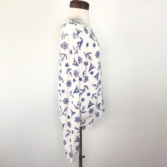 Wild Fox White Blue Nautical Anchor Ship Wheel Flag Graphic Pullover Sweater  | - Picture 5 of 11